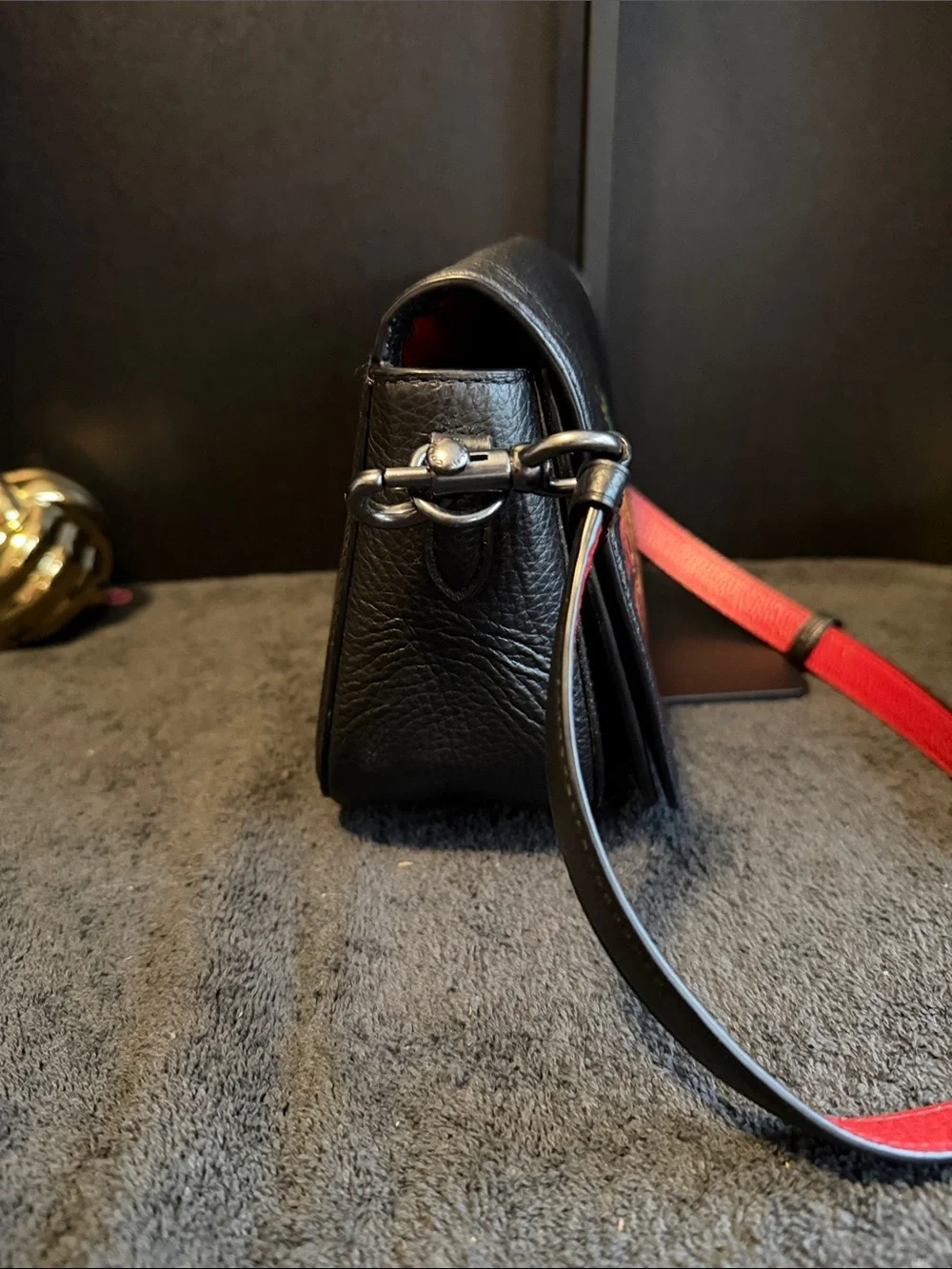 Coach Black Pebbled Leather Crossbody with Rainbow Coach Patch and Red Strap